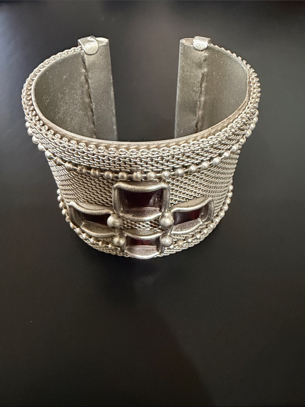 Silver-Tone Cuff Bracelet with Red Insets